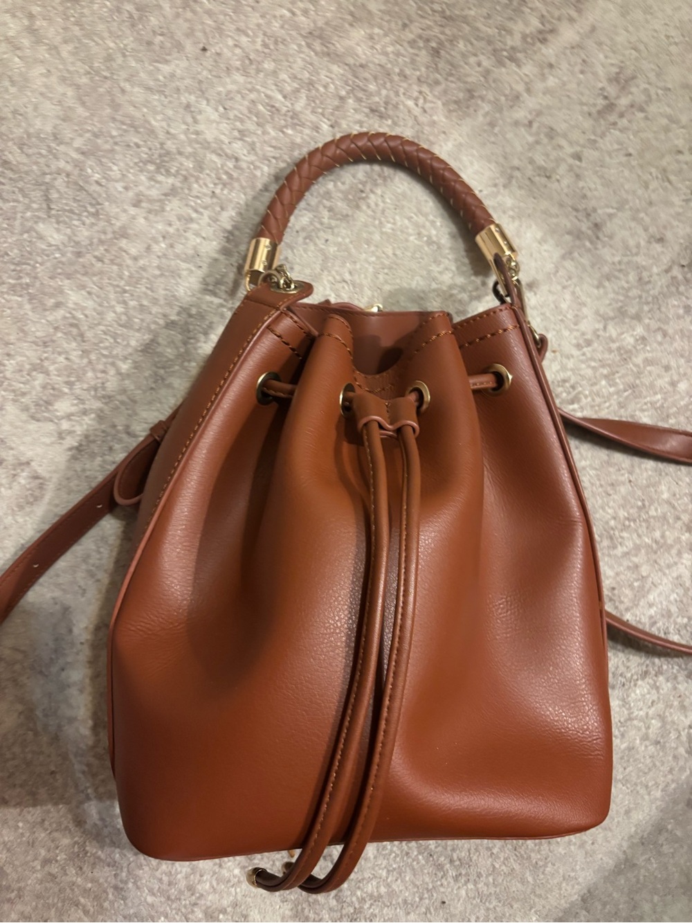 Braided Handle Tan Drawstring Bucket Shoulder Bag